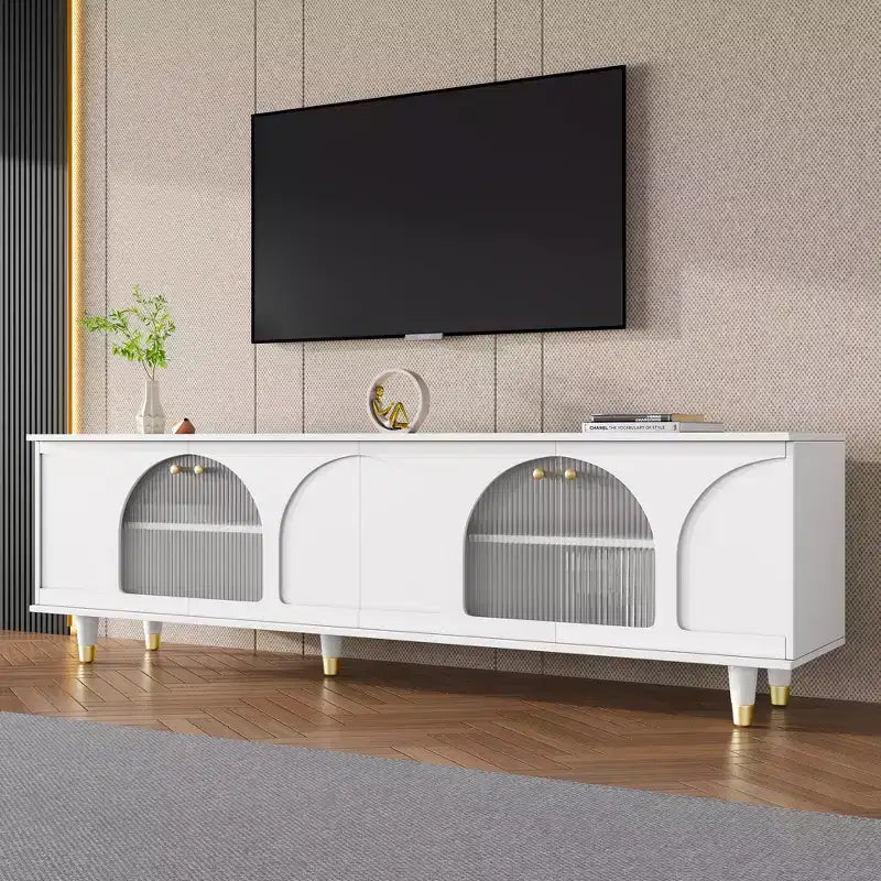 Mobile TV con ante in vetro per TV da 78", console multimediale in legno con ante ad arco, centro di intrattenimento con ripiani regolabili