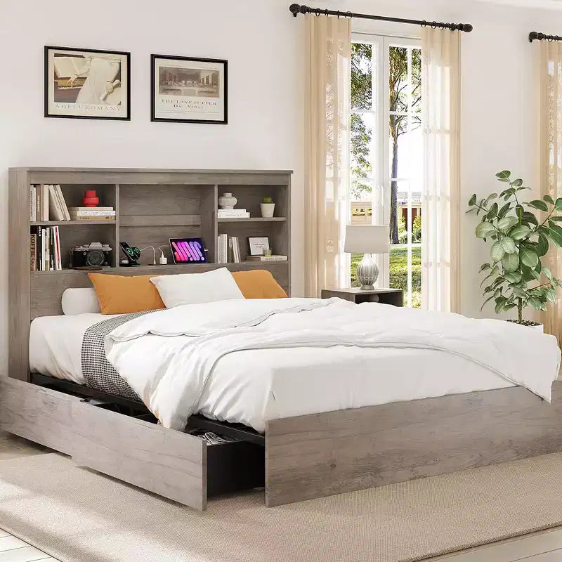 Bed Frame with High Storage Bookcase Headboard, 4 Storage Drawers, Built in Charging Station, No Box Spring Needed, Metal Frame, Noise-Free