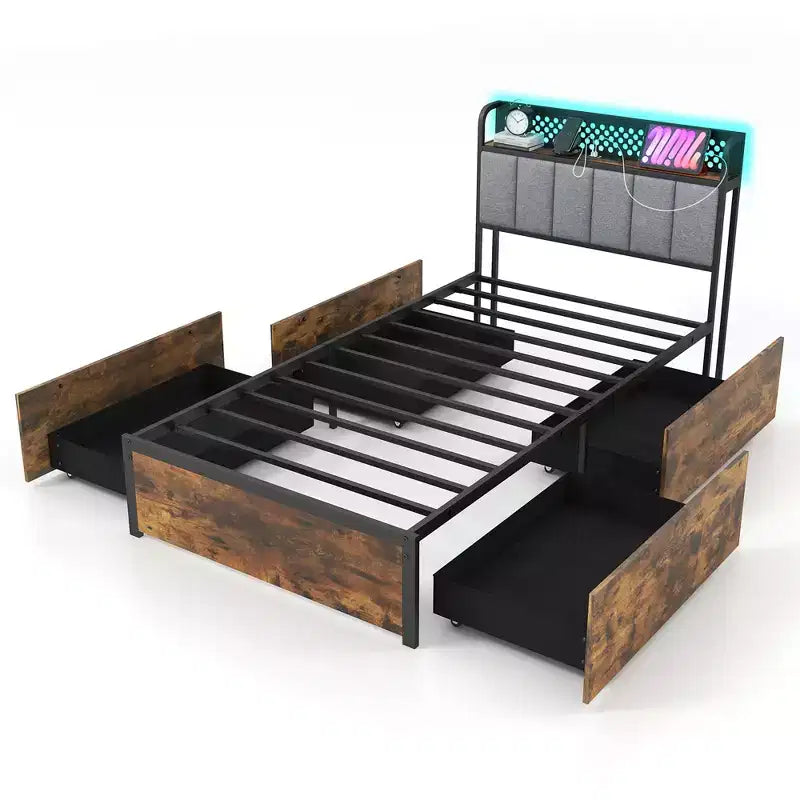 Costway LED Bed Frame Twin/Full/Queen Size w/ Charging Station Upholstered Headboard 4 Drawers
