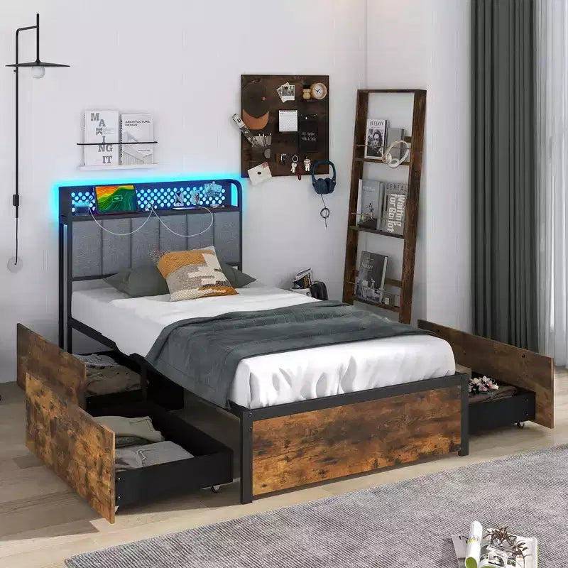 Struttura letto a LED Costway matrimoniale/piazza e mezza/matrimoniale con stazione di ricarica, testiera imbottita, 4 cassetti