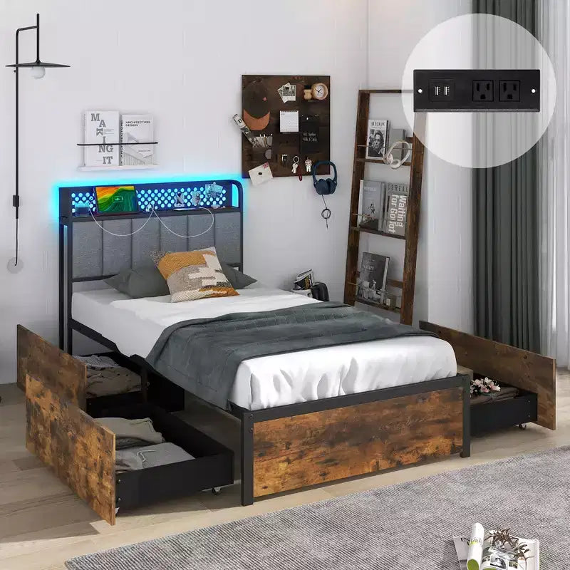 Struttura letto a LED Costway matrimoniale/piazza e mezza/matrimoniale con stazione di ricarica, testiera imbottita, 4 cassetti
