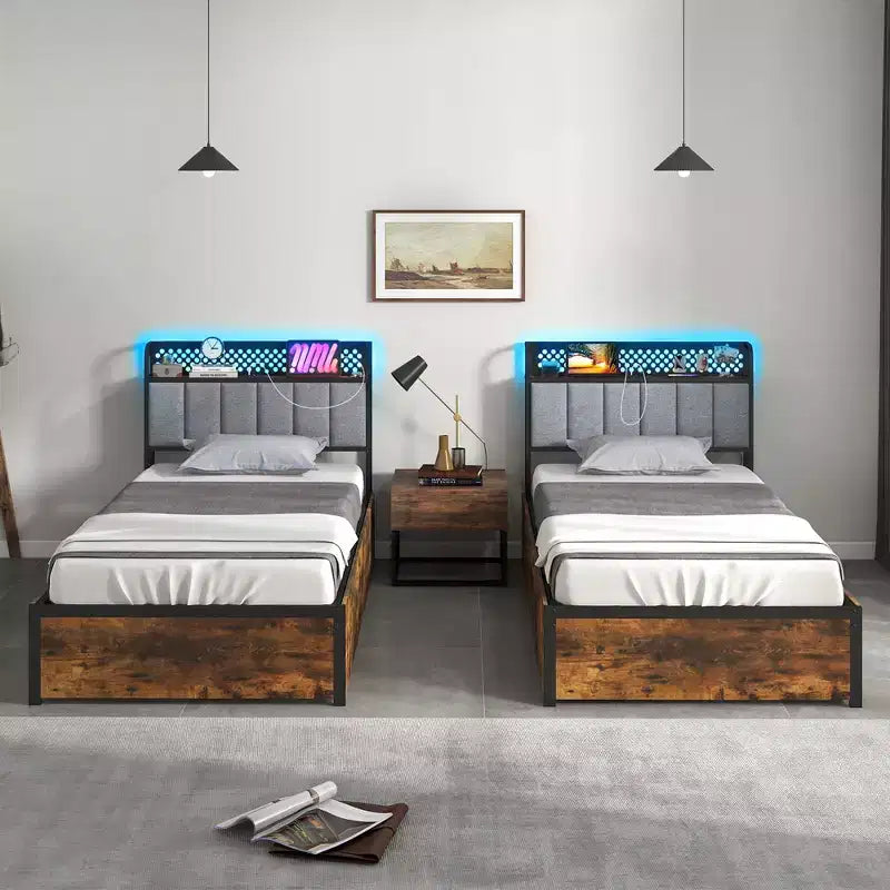 Struttura letto a LED Costway matrimoniale/piazza e mezza/matrimoniale con stazione di ricarica, testiera imbottita, 4 cassetti