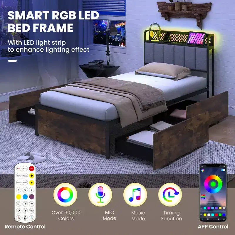 Struttura letto a LED Costway matrimoniale/piazza e mezza/matrimoniale con stazione di ricarica, testiera imbottita, 4 cassetti