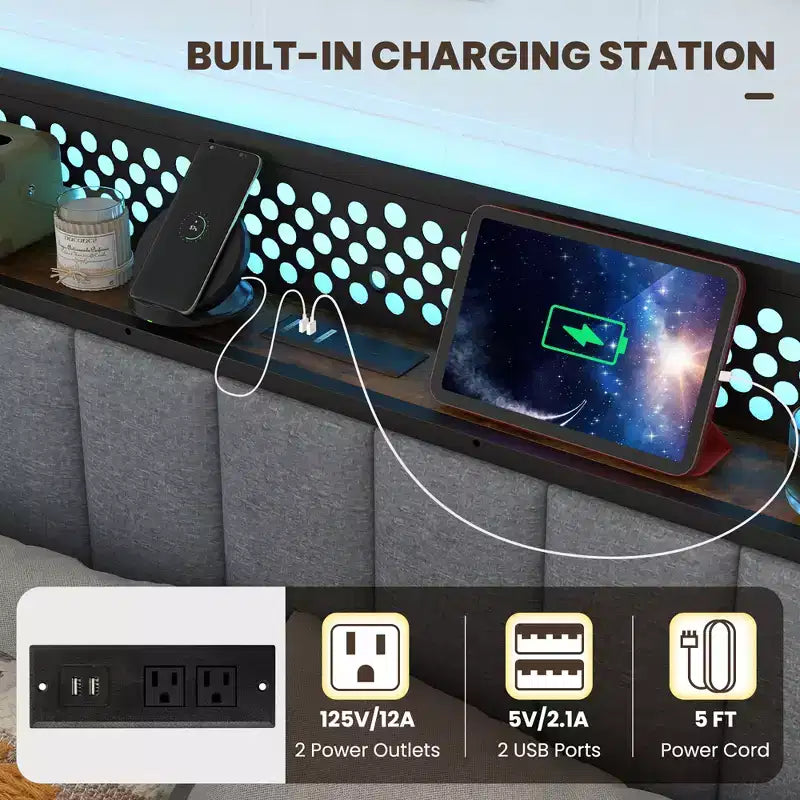 Struttura letto a LED Costway matrimoniale/piazza e mezza/matrimoniale con stazione di ricarica, testiera imbottita, 4 cassetti
