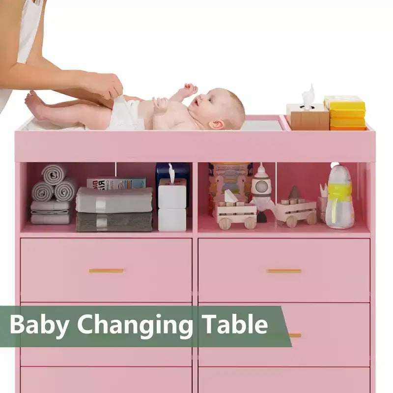Cassettiera fasciatoio con cassetti, Cassettiera per bambini con piano fasciatoio, Presa elettrica, Organizzatore per la cameretta per neonati con postazione cambio pannolini