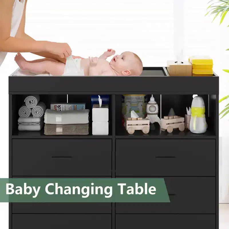Cassettiera fasciatoio con cassetti, Cassettiera per bambini con piano fasciatoio, Presa elettrica, Organizzatore per la cameretta per neonati con postazione cambio pannolini