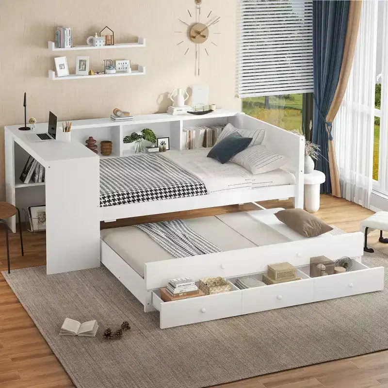 Divano Letto con Letto Estraibile, Struttura per Divano Letto in Legno con Cassetti Portaoggetti e Ripiani Laterali, Divano Letto con Scrivania, Nessuna Rete a Molle Necessaria