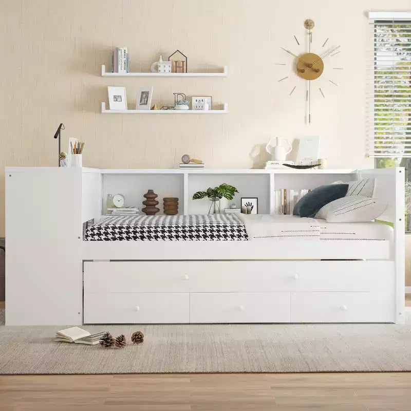 Divano Letto con Letto Estraibile, Struttura per Divano Letto in Legno con Cassetti Portaoggetti e Ripiani Laterali, Divano Letto con Scrivania, Nessuna Rete a Molle Necessaria