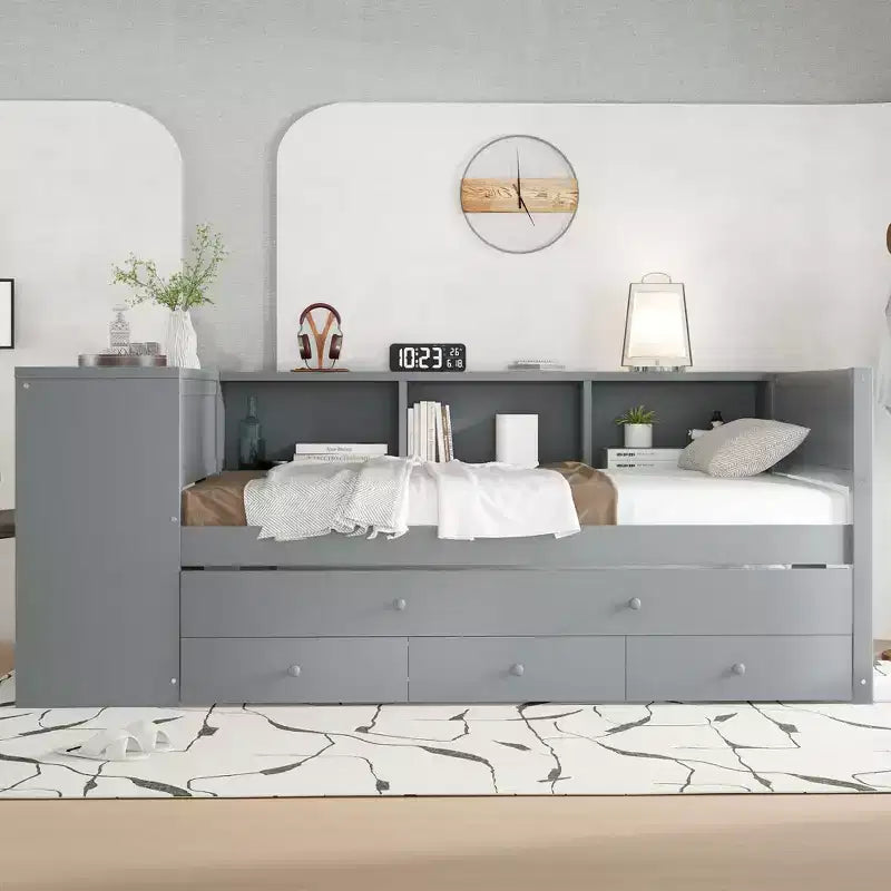 Divano Letto con Letto Estraibile, Struttura per Divano Letto in Legno con Cassetti Portaoggetti e Ripiani Laterali, Divano Letto con Scrivania, Nessuna Rete a Molle Necessaria