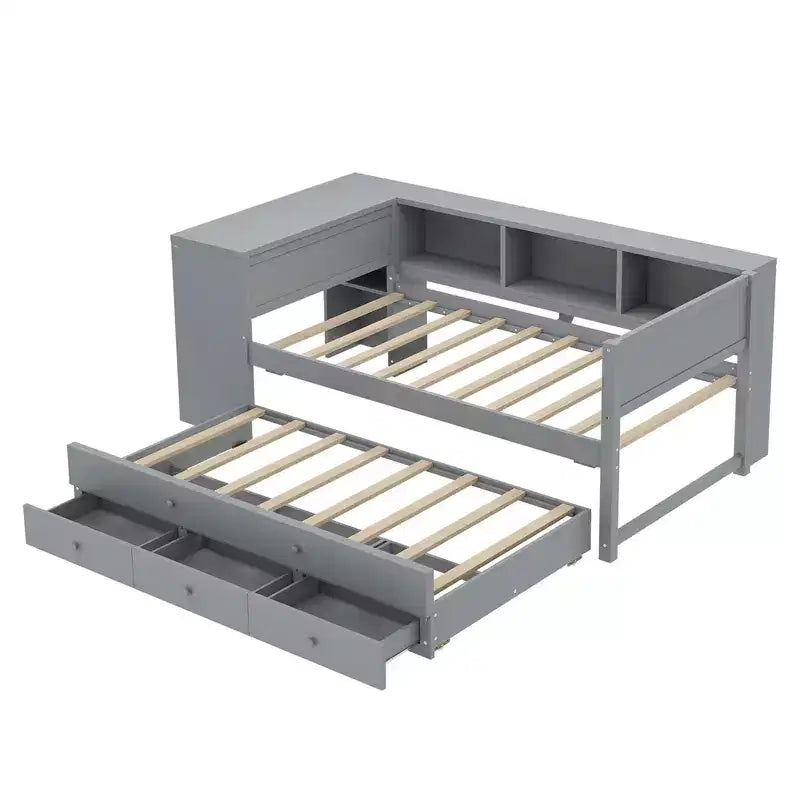 Divano Letto con Letto Estraibile, Struttura per Divano Letto in Legno con Cassetti Portaoggetti e Ripiani Laterali, Divano Letto con Scrivania, Nessuna Rete a Molle Necessaria