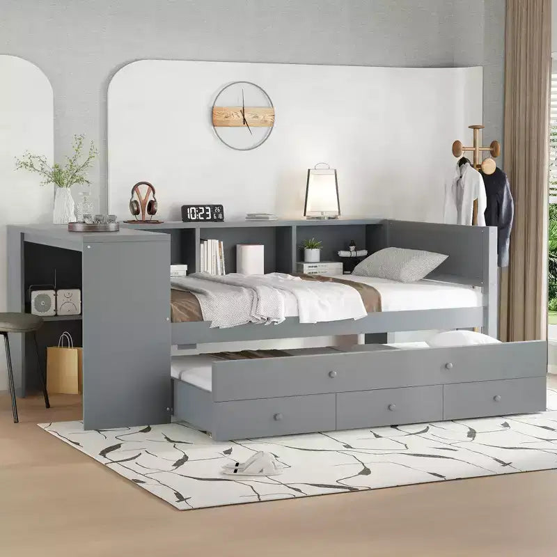Daybed with Trundle, Wood Day Bed Frame with Storage Drawers and Side Shelves, Daybed with Desk, No Spring Box Needed