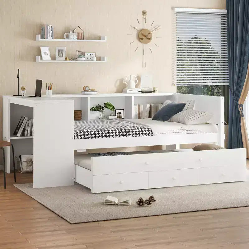 Divano Letto con Letto Estraibile, Struttura per Divano Letto in Legno con Cassetti Portaoggetti e Ripiani Laterali, Divano Letto con Scrivania, Nessuna Rete a Molle Necessaria