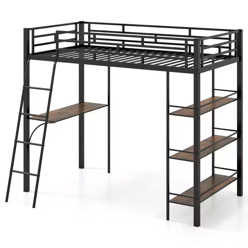 Costway Twin Size Loft Bed w/ Desk & Shelves Inclined Ladder & Full-length Guardrails