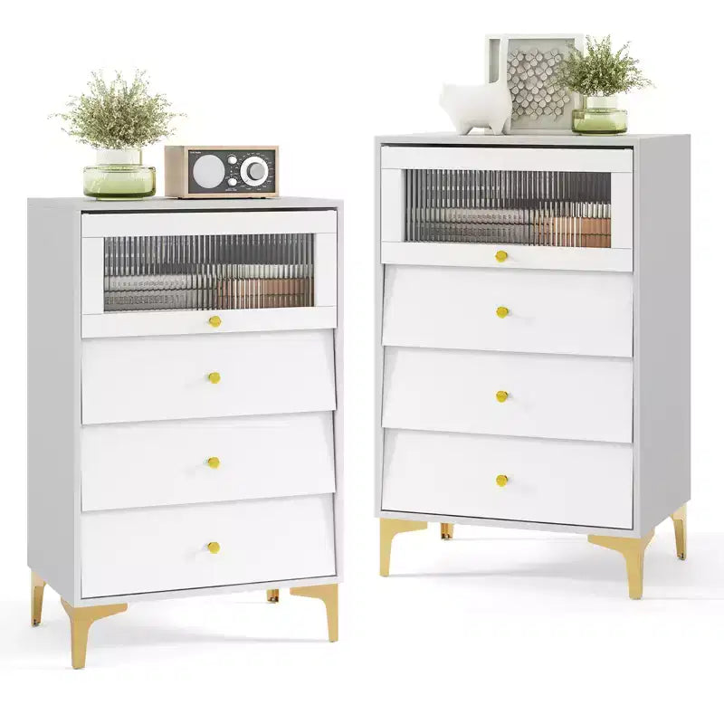 Costway 2PCS 3 Drawer Dresser 37.5 Tall Dresser Chest of Drawers w/ Flip-up Fluted Glass Door