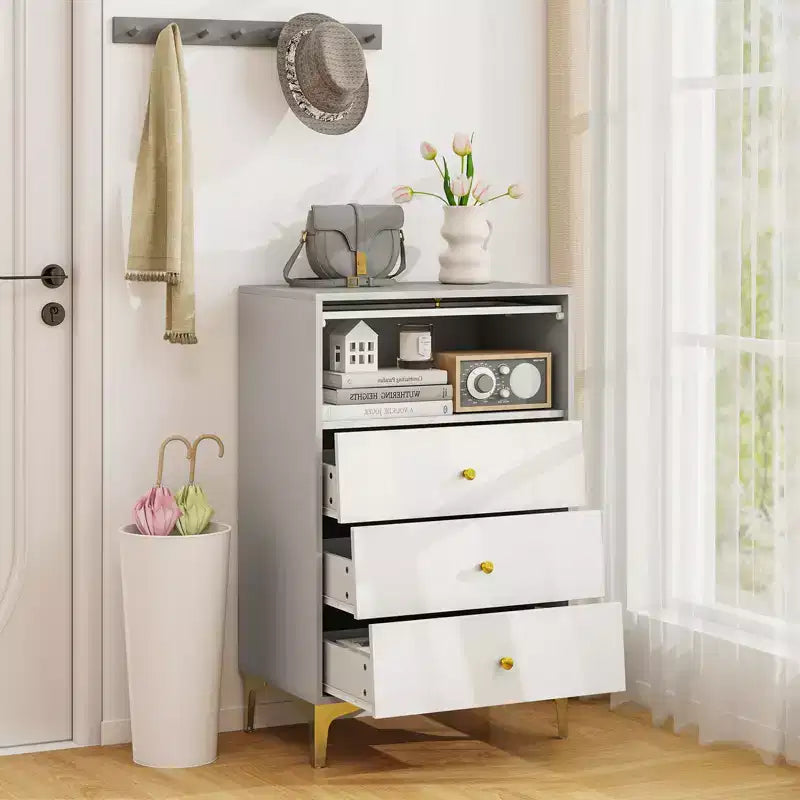 Costway Comò a 3 Cassetti (2 pezzi) Alto 95,5 cm con Anta a Ribalta in Vetro Scanalato