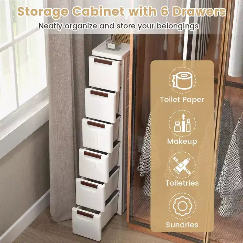 Mobile Contenitore Stretto a 6 Cassetti con Maniglie e Ruote, Costway