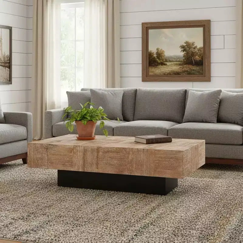 Tavolino da caffè in blocchi di legno massello, naturale e nero, 59 cm
