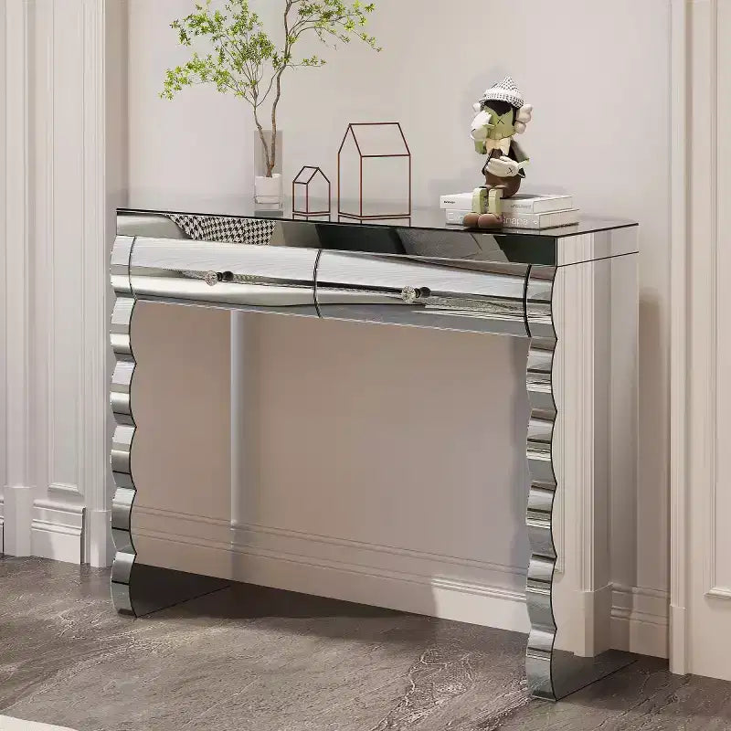 39 Tavolino Console Moderno a Specchio con 2 Cassetti, Toeletta in Vetro Curvo, Tavolo da Ingresso o Tavolo da Divano per Corridoio e Soggiorno-Panipeachy