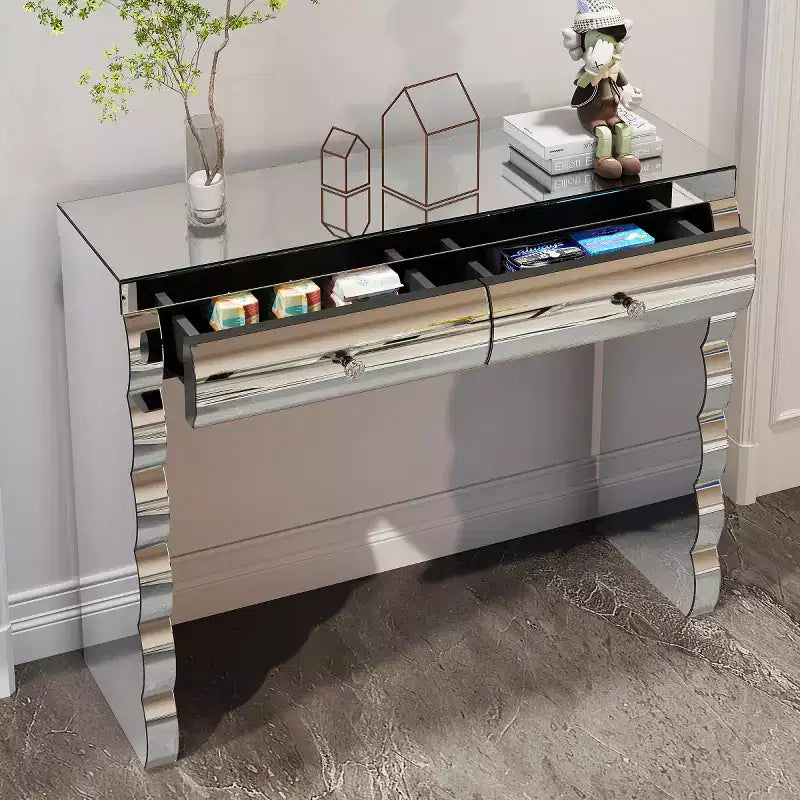 39 Tavolino Console Moderno a Specchio con 2 Cassetti, Toeletta in Vetro Curvo, Tavolo da Ingresso o Tavolo da Divano per Corridoio e Soggiorno-Panipeachy