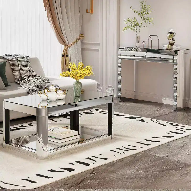 39 Tavolino Console Moderno a Specchio con 2 Cassetti, Toeletta in Vetro Curvo, Tavolo da Ingresso o Tavolo da Divano per Corridoio e Soggiorno-Panipeachy