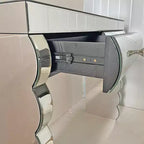 39 Tavolino Console Moderno a Specchio con 2 Cassetti, Toeletta in Vetro Curvo, Tavolo da Ingresso o Tavolo da Divano per Corridoio e Soggiorno-Panipeachy