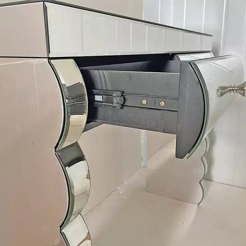 39 Tavolino Console Moderno a Specchio con 2 Cassetti, Toeletta in Vetro Curvo, Tavolo da Ingresso o Tavolo da Divano per Corridoio e Soggiorno-Panipeachy
