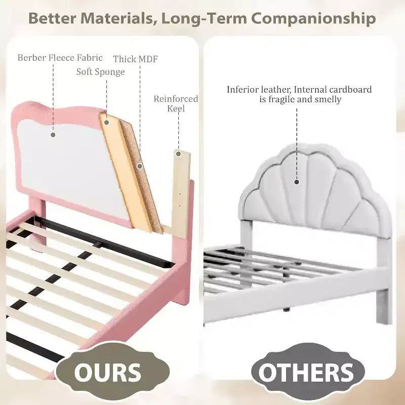 Telaio Letto Singolo/Matrimoniale Imbottito per Bambini con Testiera a Scollature, Grazioso Letto Singolo in Velluto per Bambine e Bambini, Robusto Letto a Piattaforma, Doghe in Legno, Silenzioso