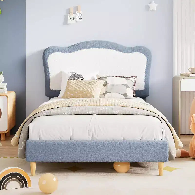 Telaio Letto Singolo/Matrimoniale Imbottito per Bambini con Testiera a Scollature, Grazioso Letto Singolo in Velluto per Bambine e Bambini, Robusto Letto a Piattaforma, Doghe in Legno, Silenzioso
