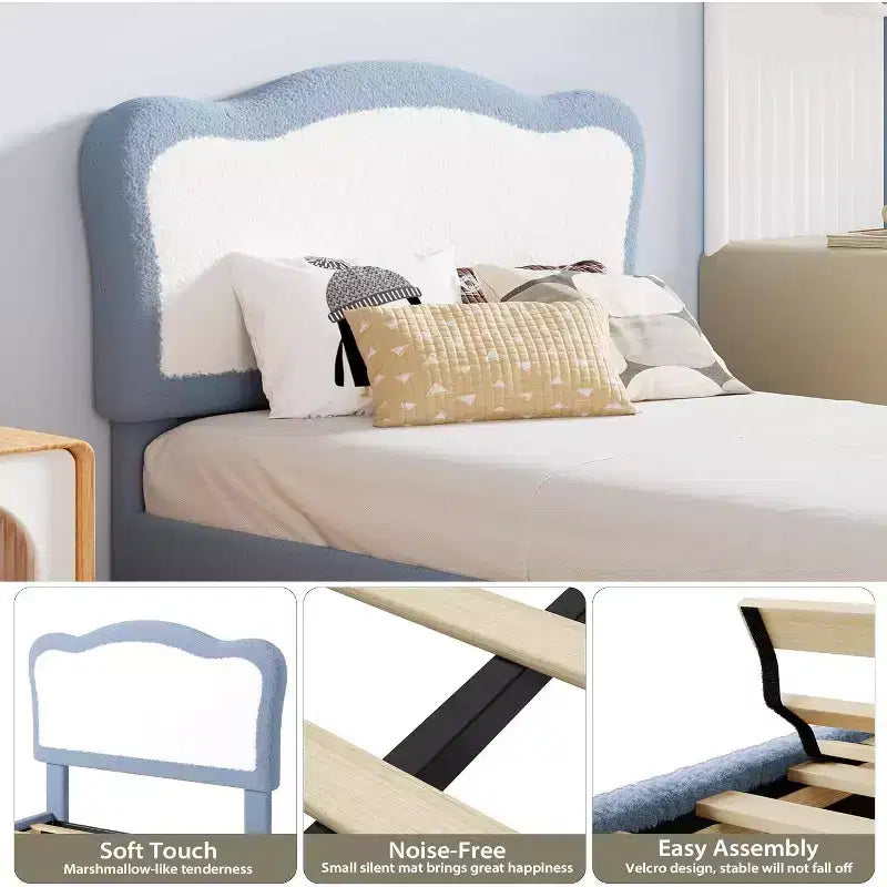 Telaio Letto Singolo/Matrimoniale Imbottito per Bambini con Testiera a Scollature, Grazioso Letto Singolo in Velluto per Bambine e Bambini, Robusto Letto a Piattaforma, Doghe in Legno, Silenzioso