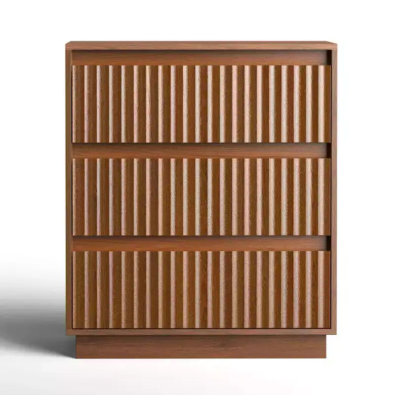 Comodino singolo a 3 cassetti con pannello scanalato a onda, larghezza 70 cm, finitura venatura noce