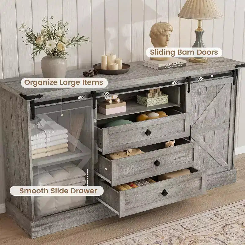 Madia da buffet in stile rustico da 58,66 pollici con 4 cassetti e ante a granaio per cucina o soggiorno