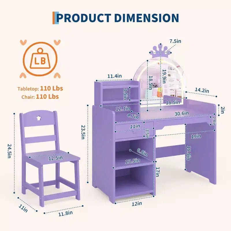 Set da toeletta per bambini illuminato con specchio, 3 cassetti e ripiani aperti per camera da letto o sala giochi, viola