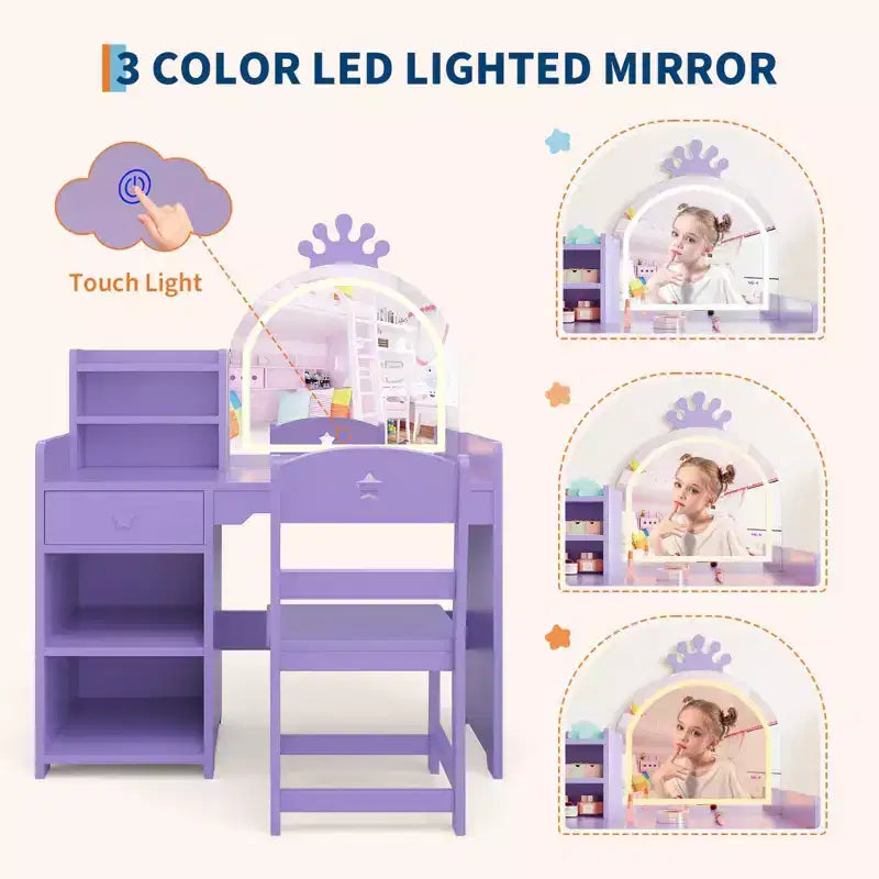 Set da toeletta per bambini illuminato con specchio, 3 cassetti e ripiani aperti per camera da letto o sala giochi, viola