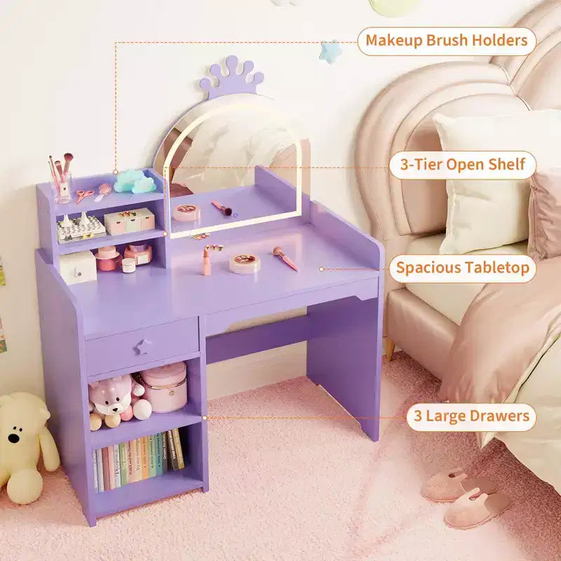 Set da toeletta per bambini illuminato con specchio, 3 cassetti e ripiani aperti per camera da letto o sala giochi, viola