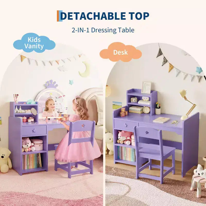 Set da toeletta per bambini illuminato con specchio, 3 cassetti e ripiani aperti per camera da letto o sala giochi, viola