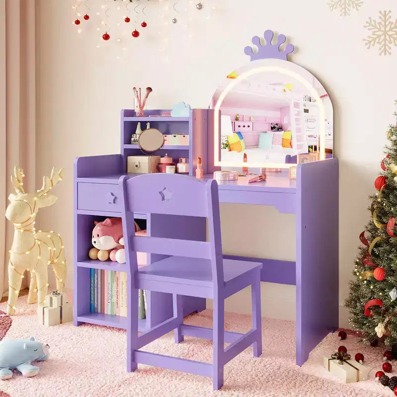 Set da toeletta per bambini illuminato con specchio, 3 cassetti e ripiani aperti per camera da letto o sala giochi, viola