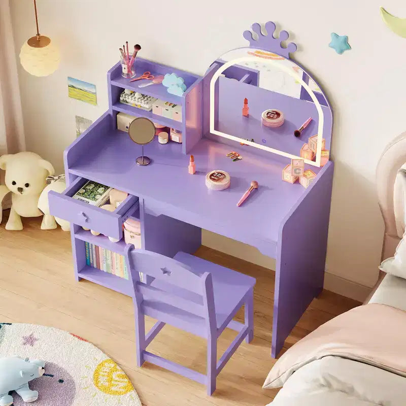 Set da toeletta per bambini illuminato con specchio, 3 cassetti e ripiani aperti per camera da letto o sala giochi, viola