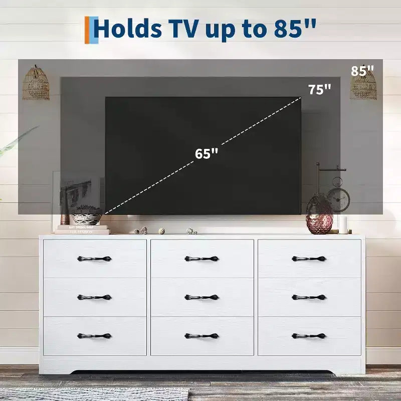 Mobile TV a 9 cassetti con zona TV integrata, grande console contenitore per TV a schermo piatto fino a 85 pollici, centro multimediale multifunzionale per soggiorno