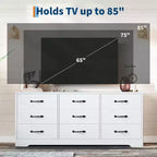 Mobile TV a 9 cassetti con zona TV integrata, grande console contenitore per TV a schermo piatto fino a 85 pollici, centro multimediale multifunzionale per soggiorno
