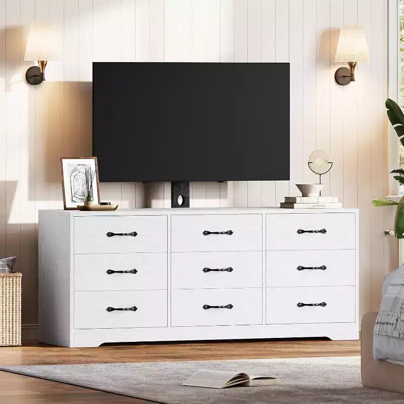 Mobile TV a 9 cassetti con zona TV integrata, grande console contenitore per TV a schermo piatto fino a 85 pollici, centro multimediale multifunzionale per soggiorno