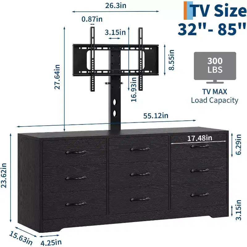 Mobile TV a 9 cassetti con zona TV integrata, grande console contenitore per TV a schermo piatto fino a 85 pollici, centro multimediale multifunzionale per soggiorno