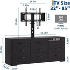 Mobile TV a 9 cassetti con zona TV integrata, grande console contenitore per TV a schermo piatto fino a 85 pollici, centro multimediale multifunzionale per soggiorno