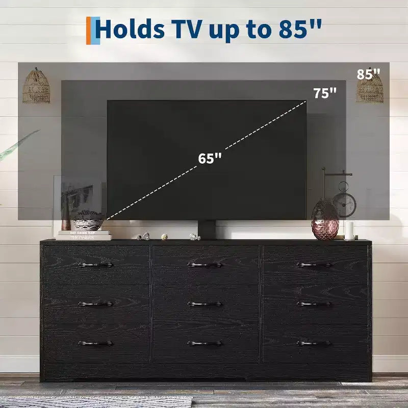 Mobile TV a 9 cassetti con zona TV integrata, grande console contenitore per TV a schermo piatto fino a 85 pollici, centro multimediale multifunzionale per soggiorno