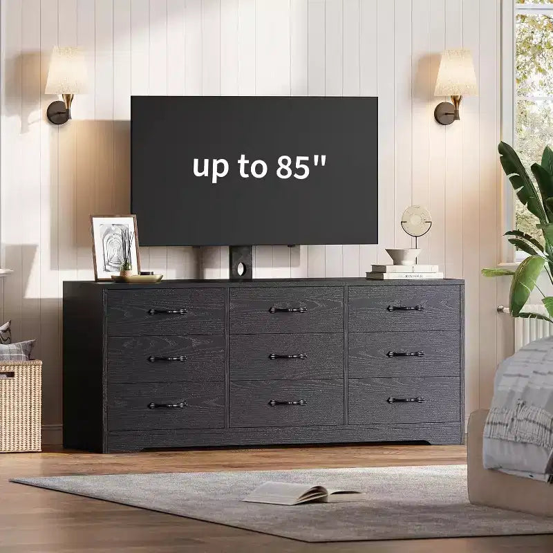 Mobile TV a 9 cassetti con zona TV integrata, grande console contenitore per TV a schermo piatto fino a 85 pollici, centro multimediale multifunzionale per soggiorno