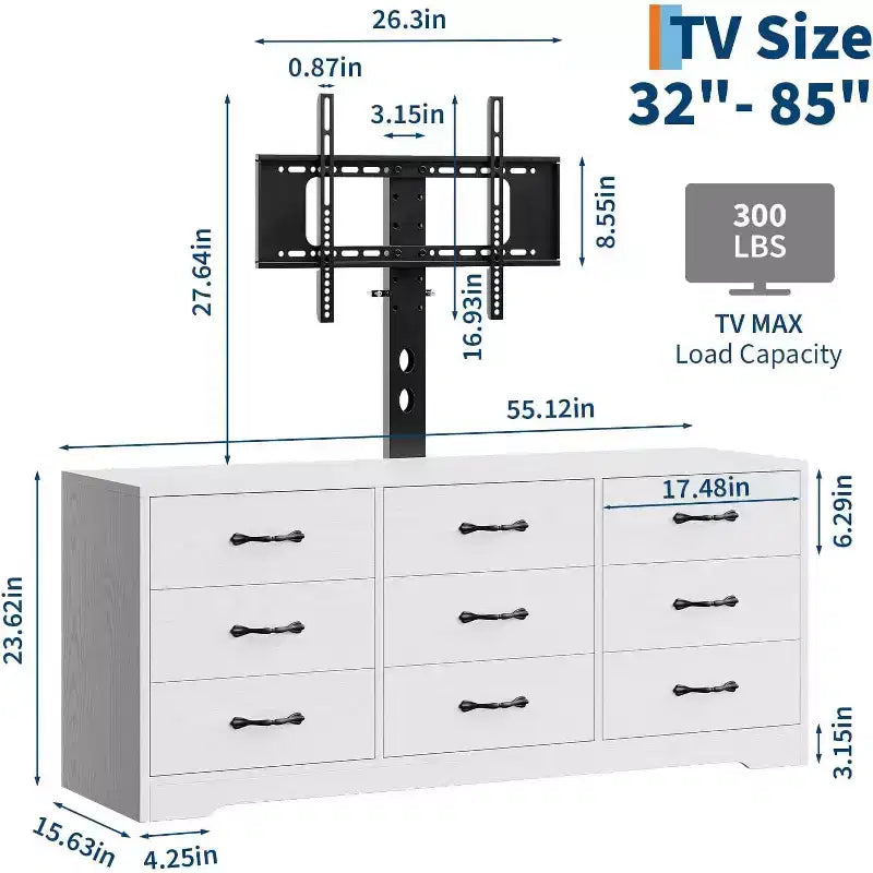 Mobile TV a 9 cassetti con zona TV integrata, grande console contenitore per TV a schermo piatto fino a 85 pollici, centro multimediale multifunzionale per soggiorno