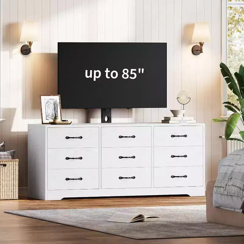 Mobile TV a 9 cassetti con zona TV integrata, grande console contenitore per TV a schermo piatto fino a 85 pollici, centro multimediale multifunzionale per soggiorno