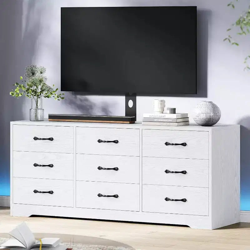 Mobile TV a 9 cassetti con zona TV integrata, grande console contenitore per TV a schermo piatto fino a 85 pollici, centro multimediale multifunzionale per soggiorno