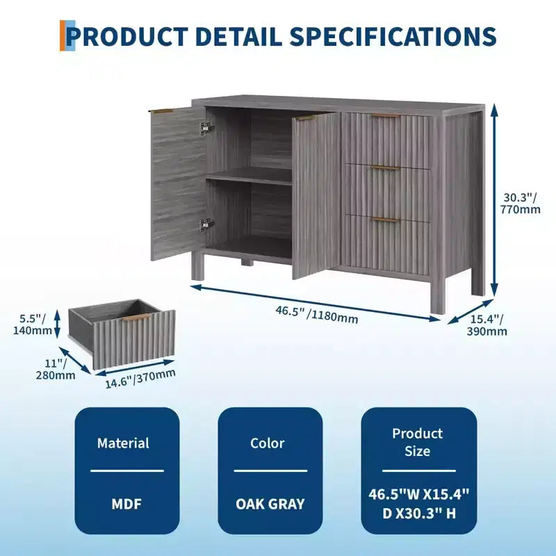 Credenza da 46,5 pollici con scanalature, 3 cassetti e 2 ante, mobile TV in legno
