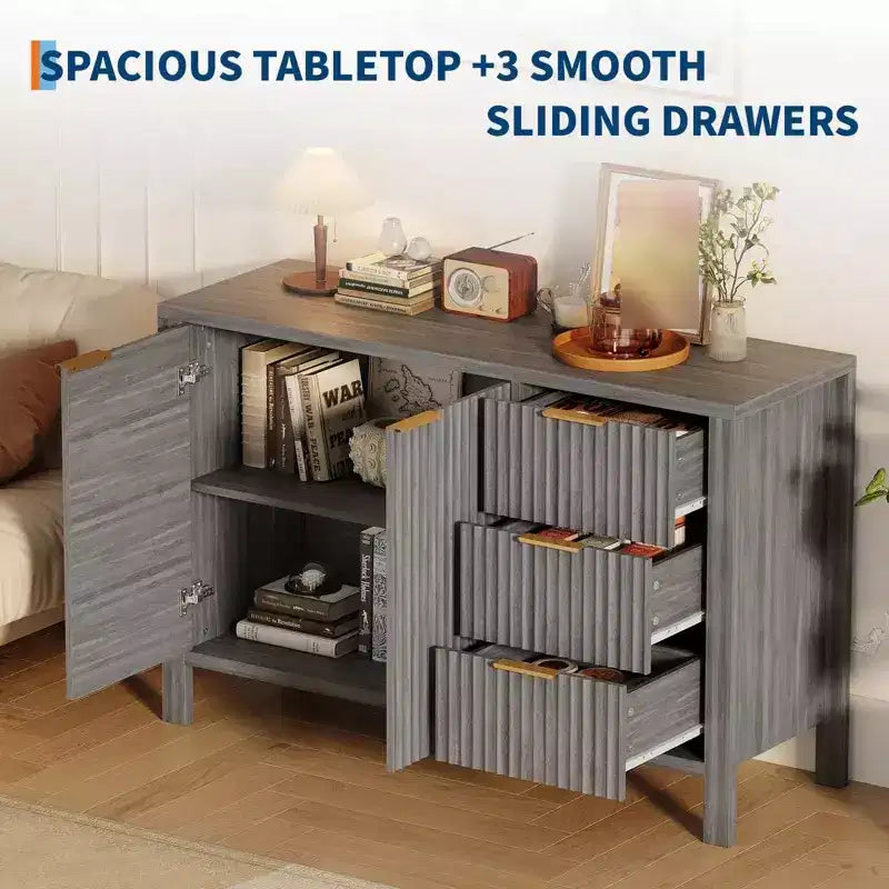 Credenza da 46,5 pollici con scanalature, 3 cassetti e 2 ante, mobile TV in legno