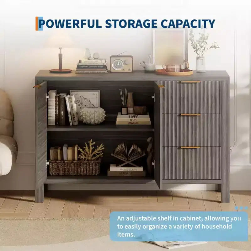 Credenza da 46,5 pollici con scanalature, 3 cassetti e 2 ante, mobile TV in legno